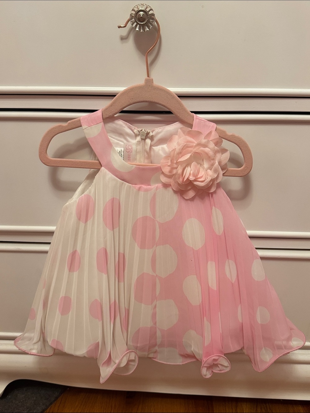 Bonnie Baby Pink and White Polka Dot Pleated Dress with Flower